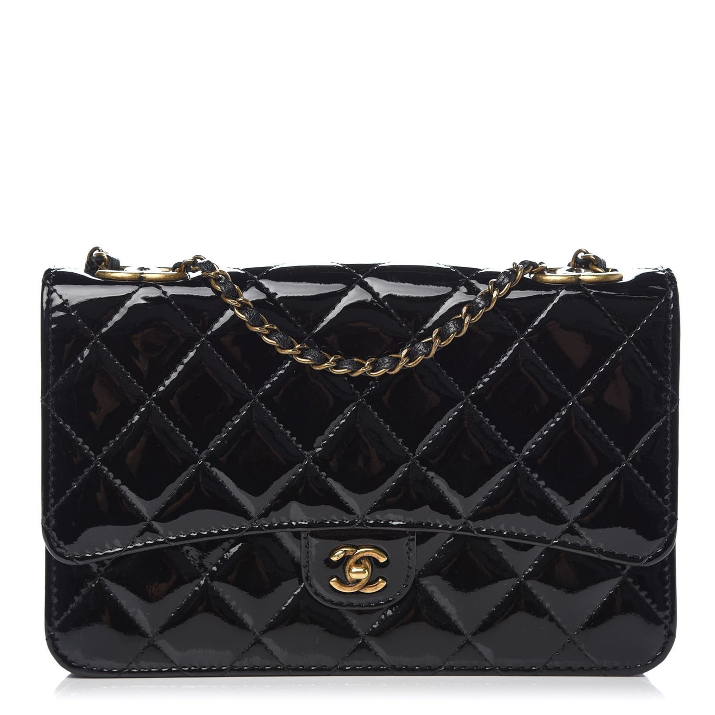 Patent Goatskin Quilted CC Eyelet Wallet On Chain WOC Black