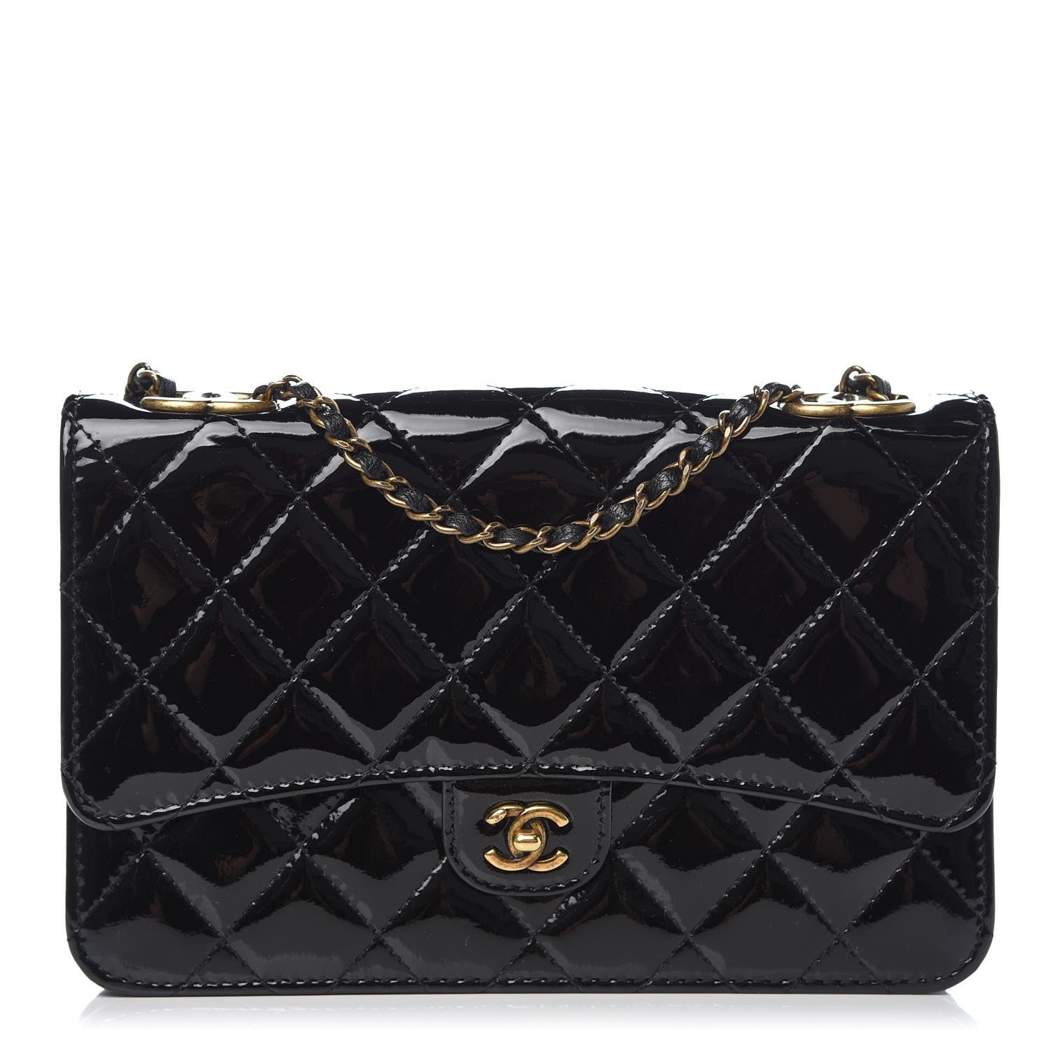 Chanel Patent Goatskin Quilted CC Eyelet Wallet On Chain WOC Black 1 of 9
