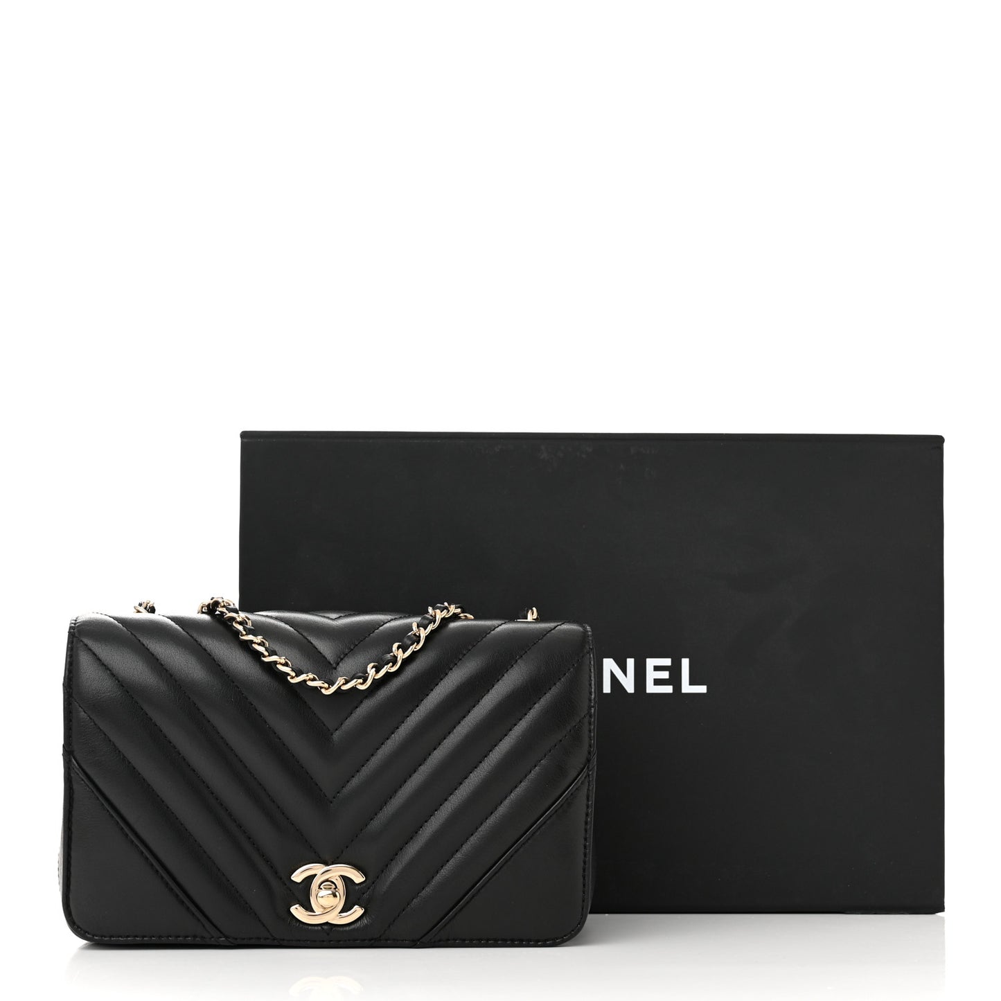 Calfskin Chevron Quilted Mini Statement Flap Black