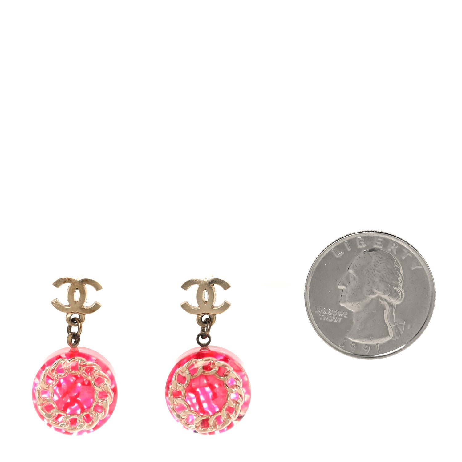 Chanel Resin Chain Tweed CC Drop Earrings Pink Gold 5 of 8