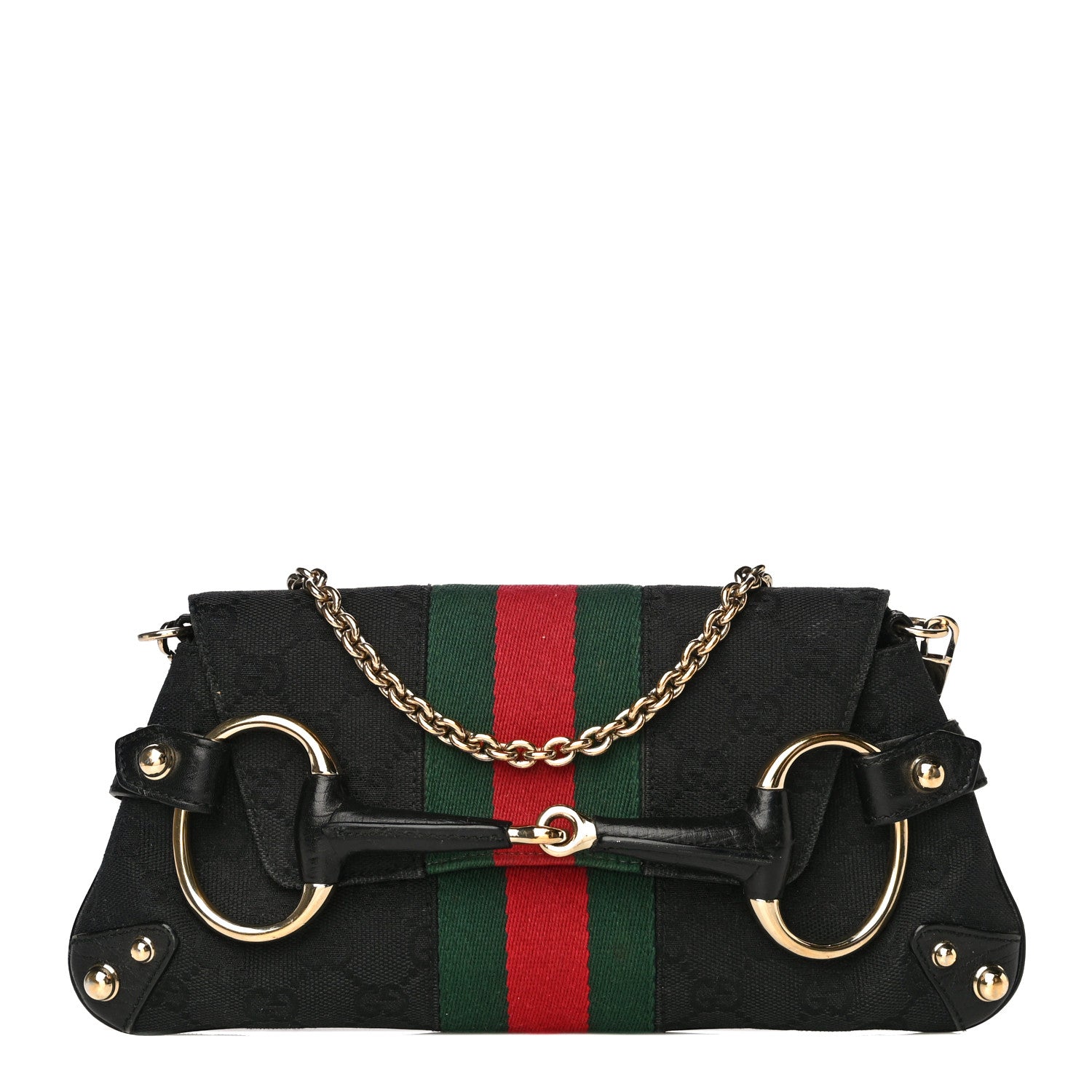 Gucci Monogram Web Horsebit Chain Clutch Black 1 of 20