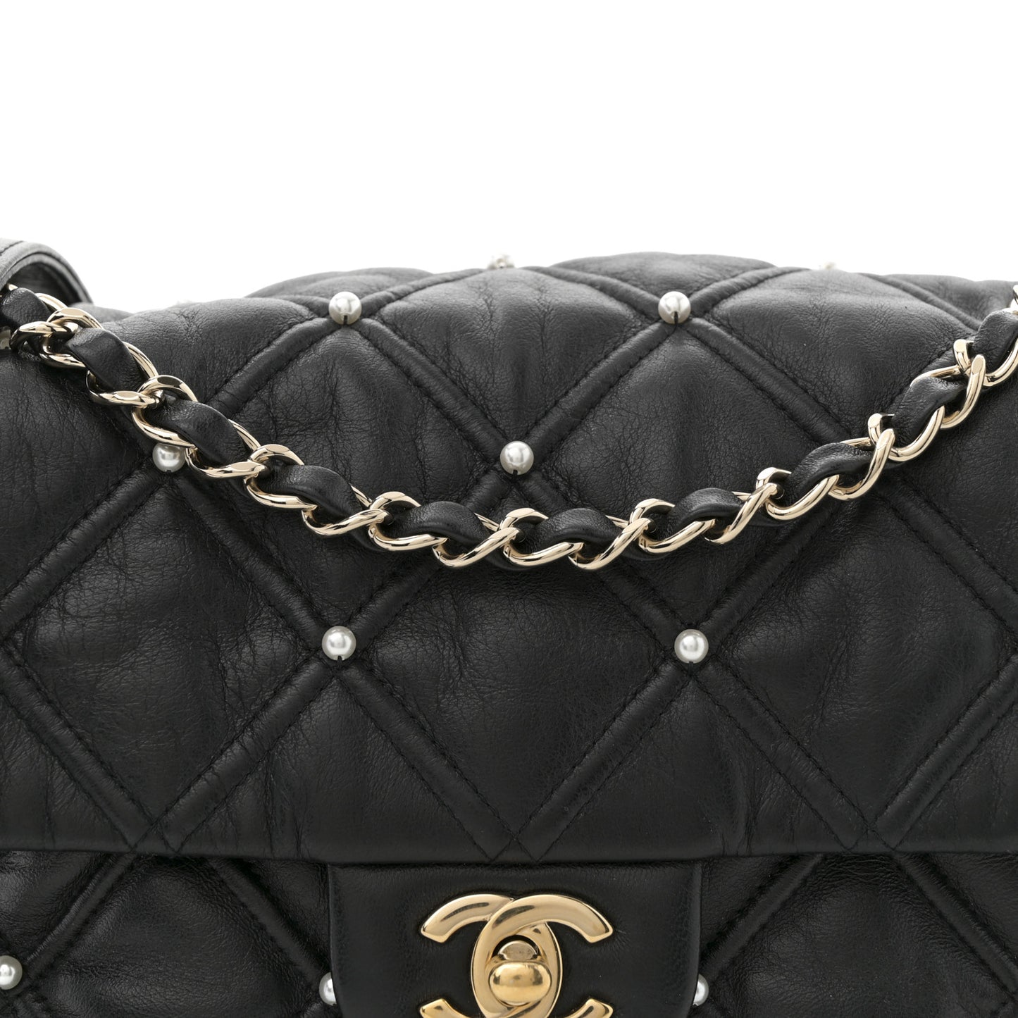 Lambskin Quilted Pearl Studded Flap Black