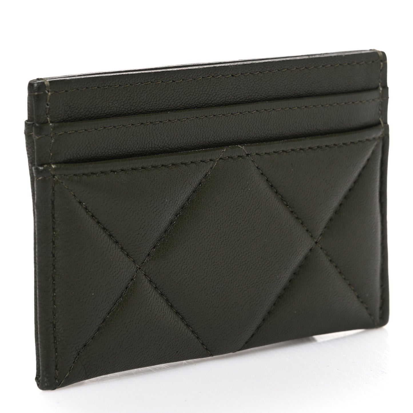 Lambskin Quilted Chanel 19 Card Holder Khaki