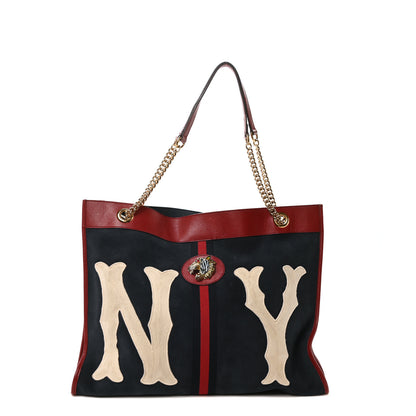 Gucci X MLB Suede Calfskin NY Yankees Large Rajah Chain Tote New Blue Romantic Cherry 1 of 11