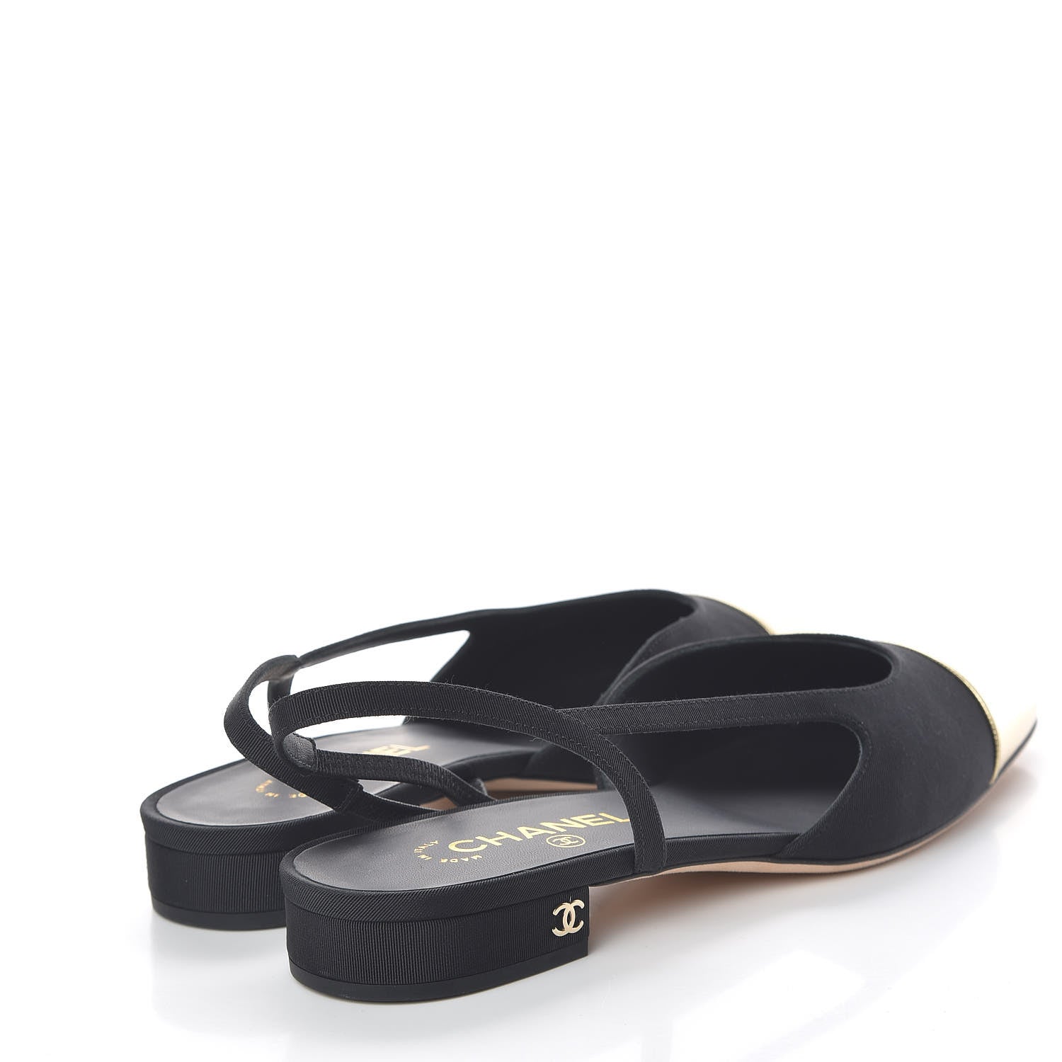 Chanel Grosgrain Cap Toe CC Slingback Pumps 40 Black Gold 4 of 8