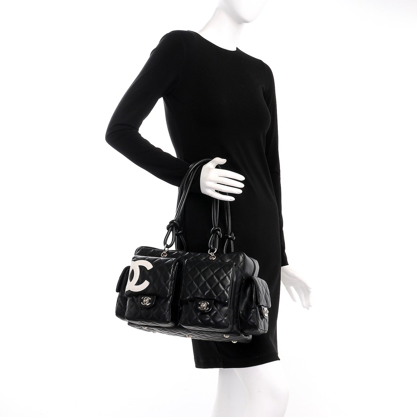 Calfskin Quilted Large Cambon Multipocket Reporter Black White