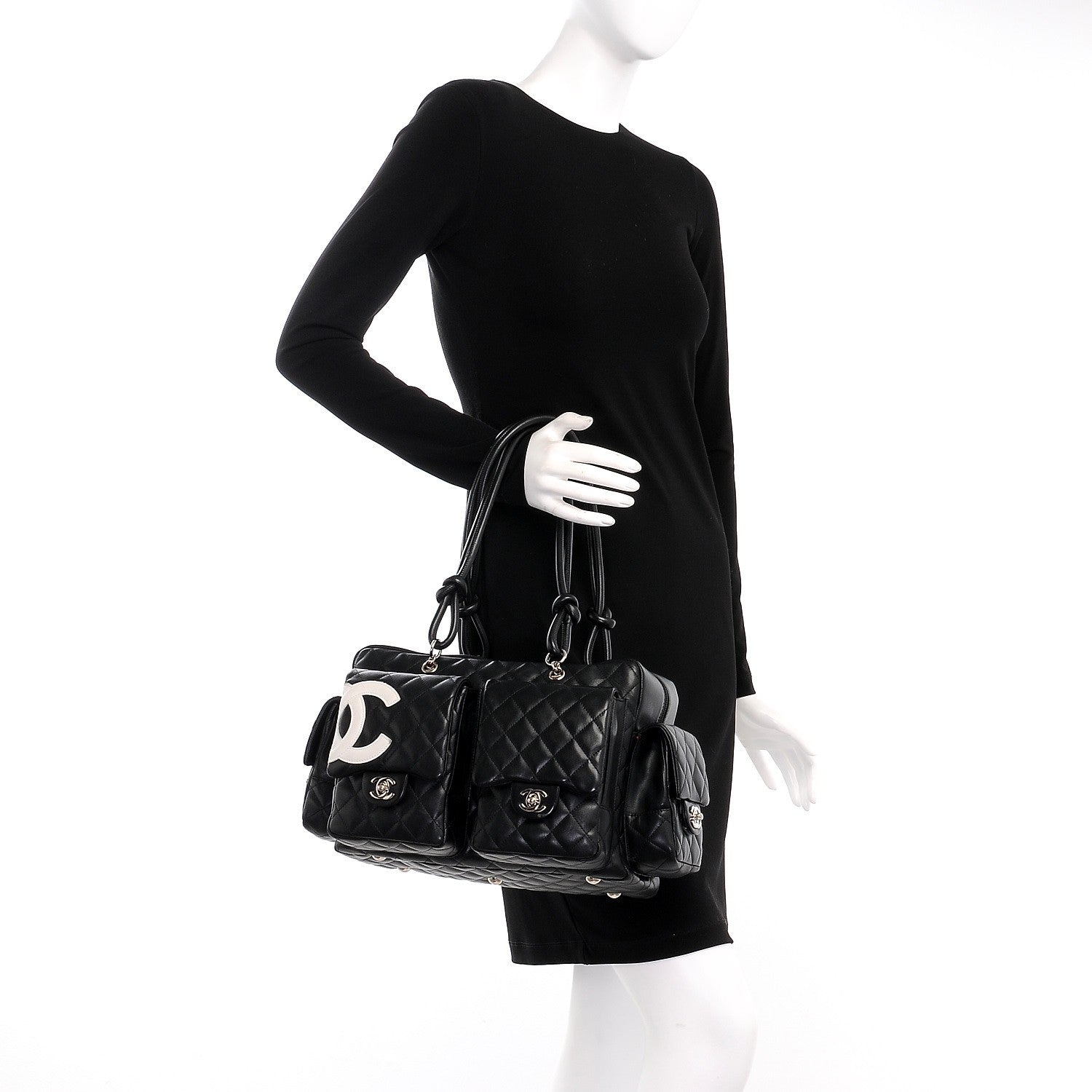 Chanel Calfskin Quilted Large Cambon Multipocket Reporter Black White 2 of 8