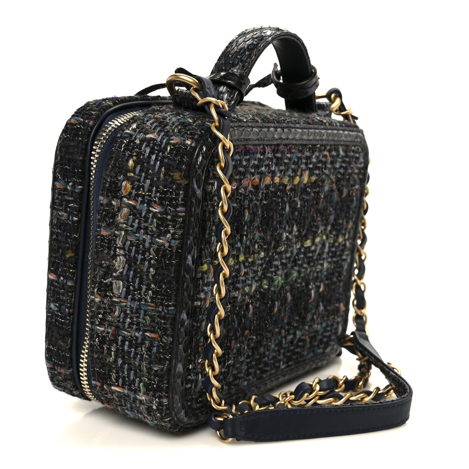 Chanel Tweed Snakeskin Quilted Medium CC Filigree Vanity Case Dark Navy 3 of 10