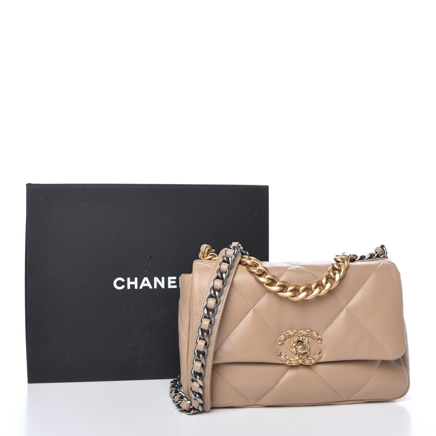 Lambskin Quilted Medium Chanel 19 Flap Dark Beige