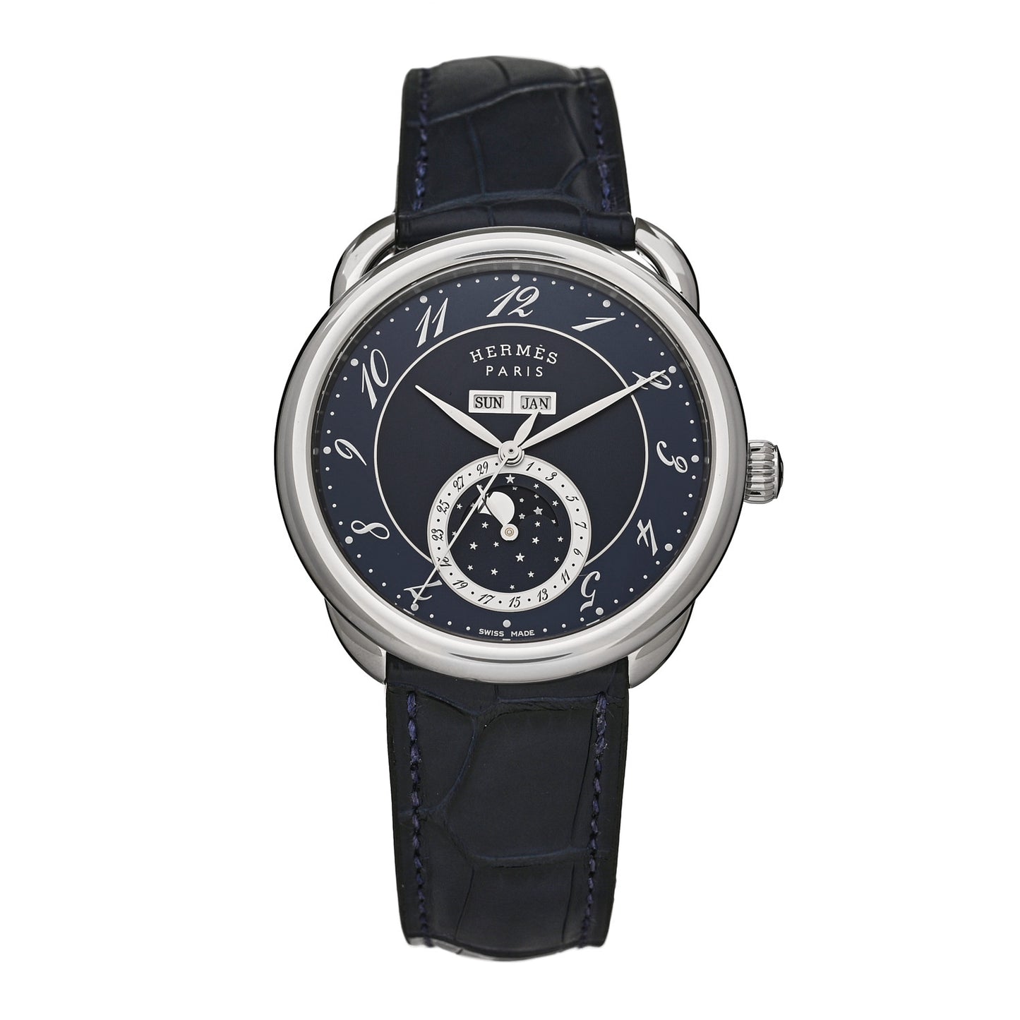 Stainless Steel Alligator 43mm Arceau Grande Lune Automatic Watch Bleu Abysse