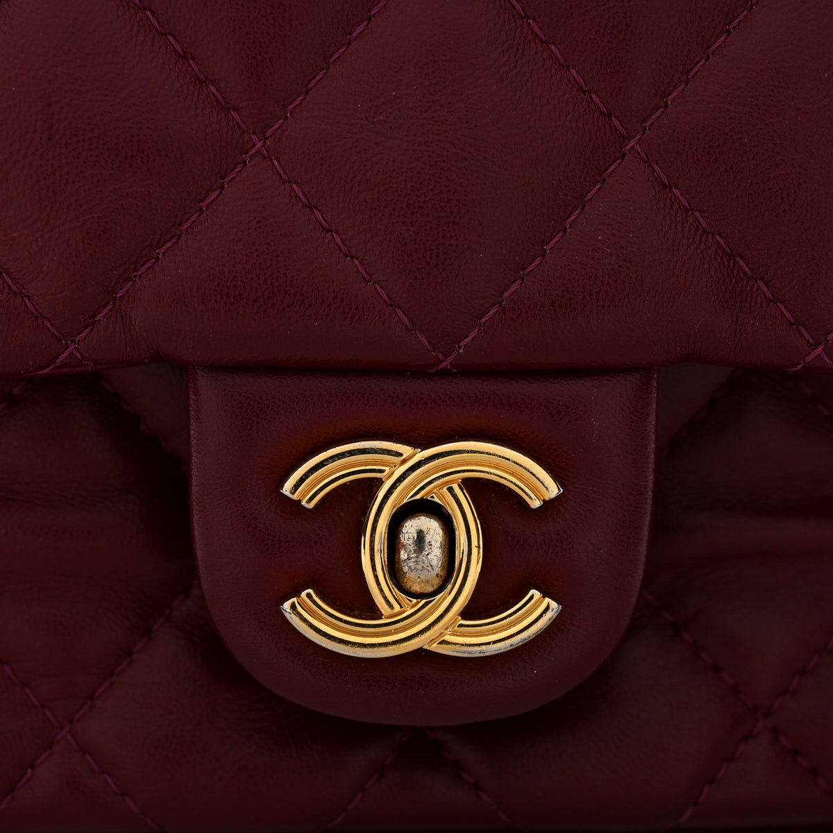 Shiny Lambskin Quilted Golden Links Top Handle Flap Dark Purple