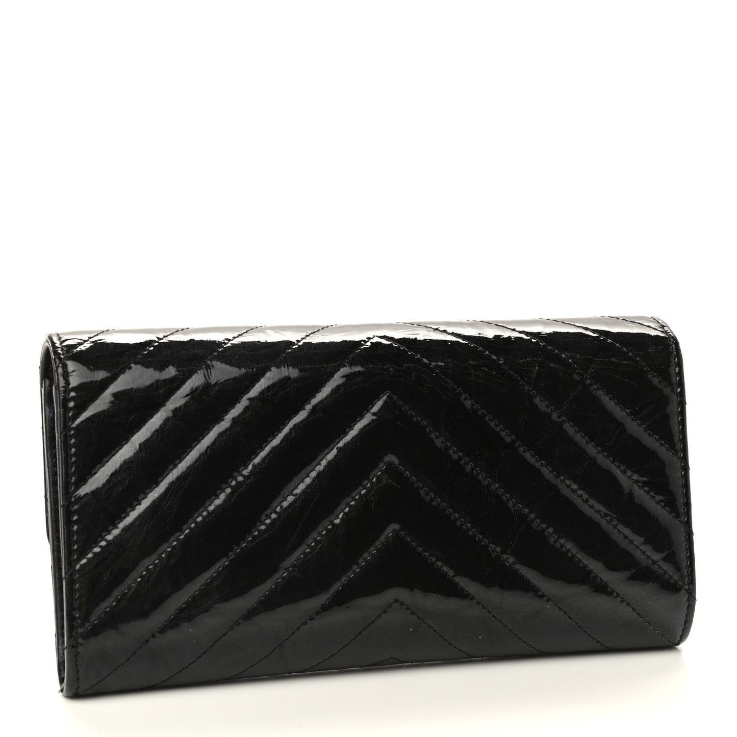 Patent Metallic Crumpled Calfskin Chevron Quilted Large Gusset Flap Wallet So Black