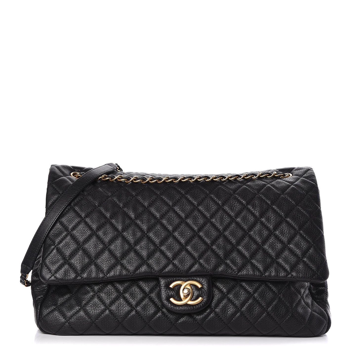 Calfskin Quilted XXL Travel Flap Bag Black