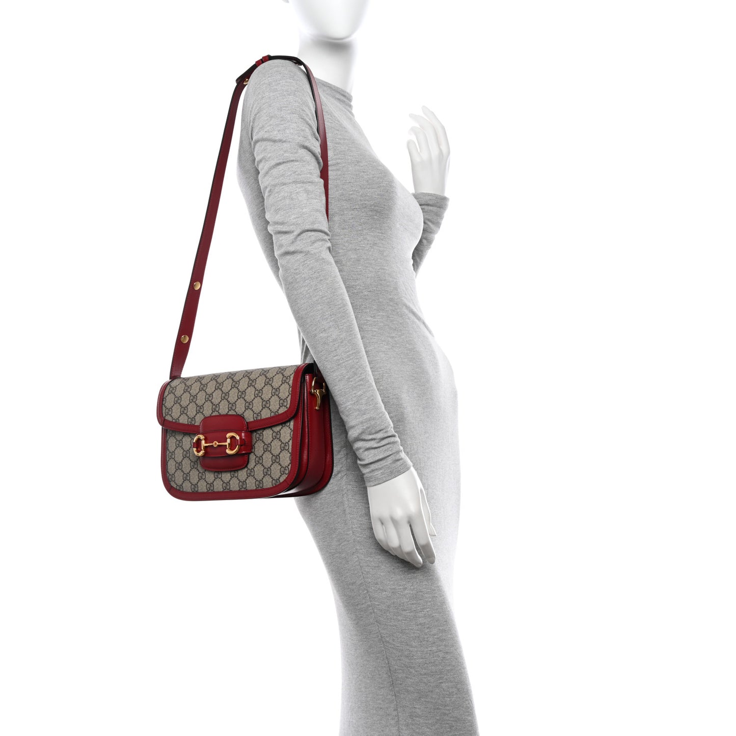 GG Supreme Monogram Azalea Calfskin Horsebit 1955 Shoulder Bag Beige Ebony New Cherry Red
