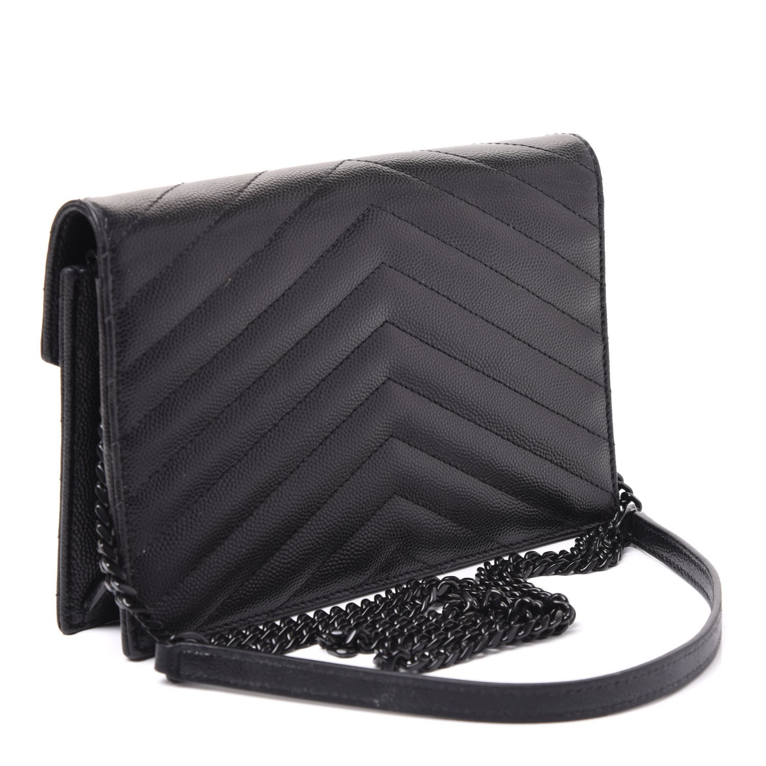 Saint Laurent Grain De Poudre Matelasse Chevron Monogram Envelope Chain Wallet Black 2 of 8