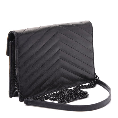 Saint Laurent Grain De Poudre Matelasse Chevron Monogram Envelope Chain Wallet Black 2 of 8