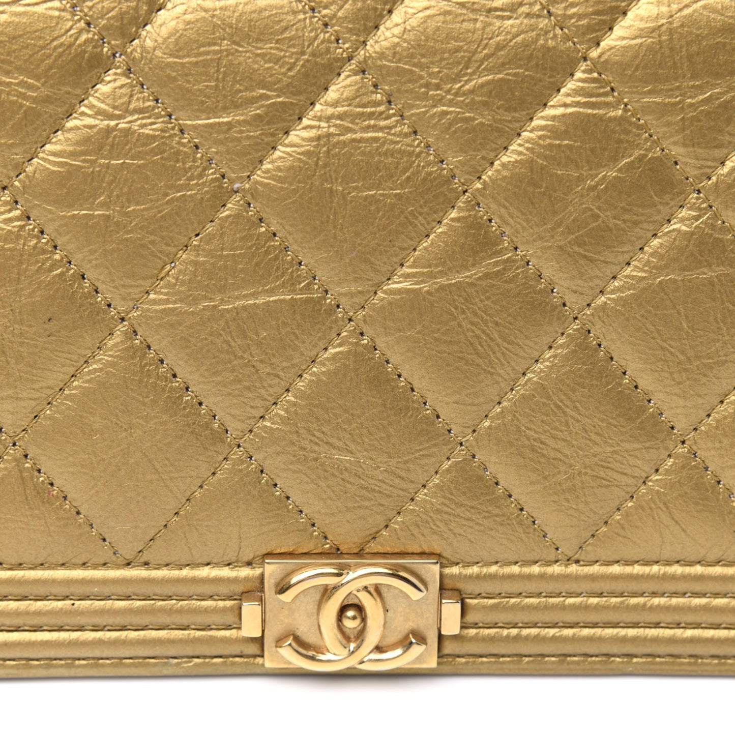 Metallic Aged Calfskin Quilted Boy Yen Wallet Gold