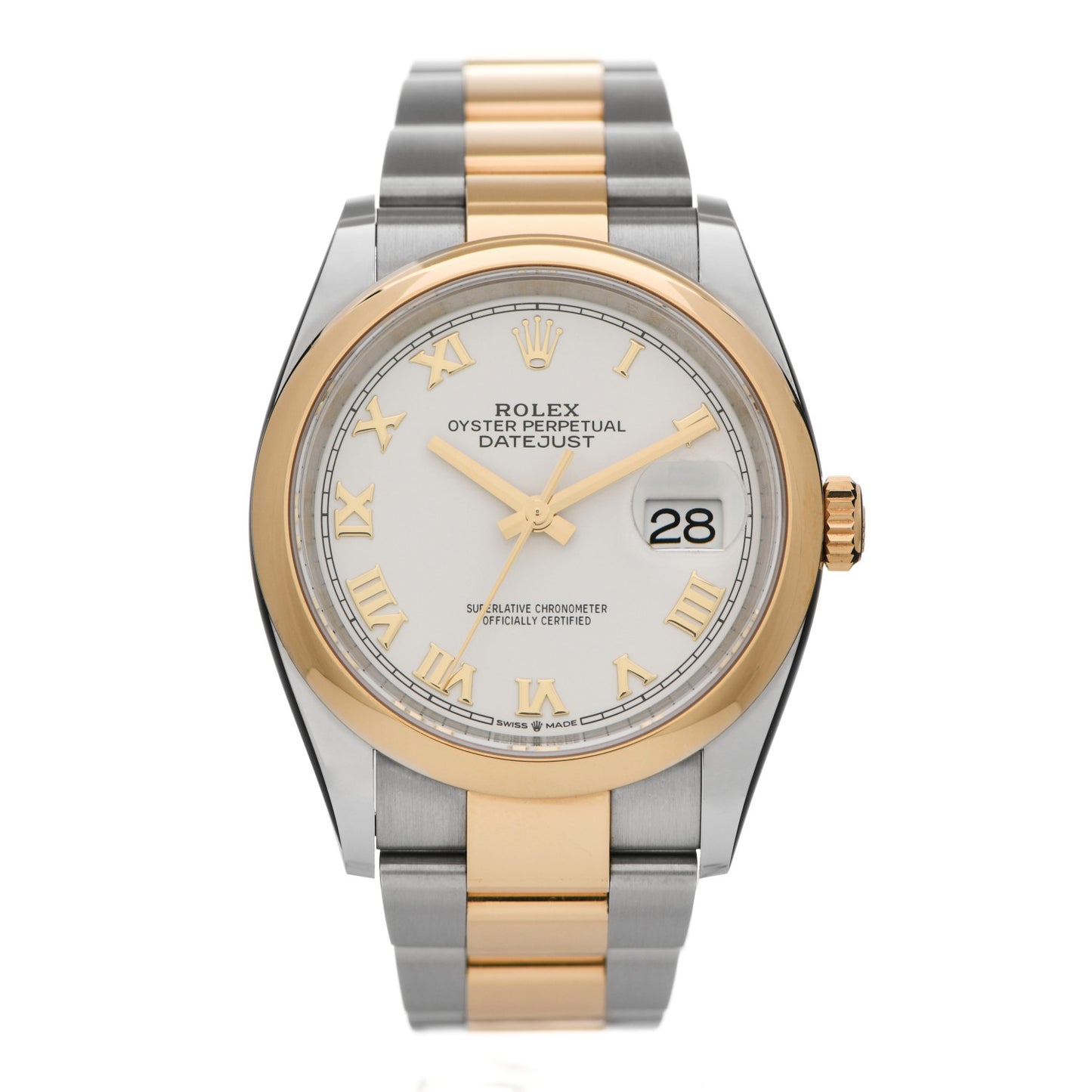 Stainless Steel 18K Yellow Gold 36mm Oyster Perpetual Datejust Watch White Roman 126203