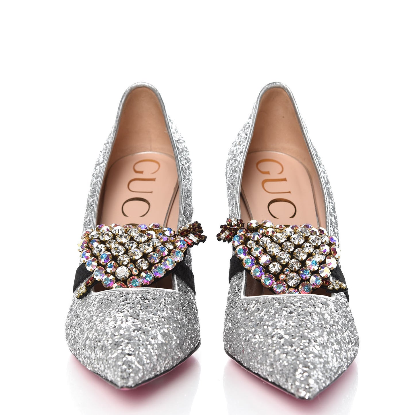 Nappa Glitter Removable Crystal Heart Pumps 39 Argento