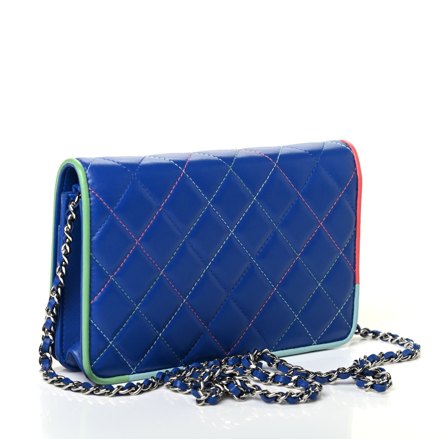 Chanel Lambskin Quilted Wallet On Chain WOC Blue Orange Green 2 of 4
