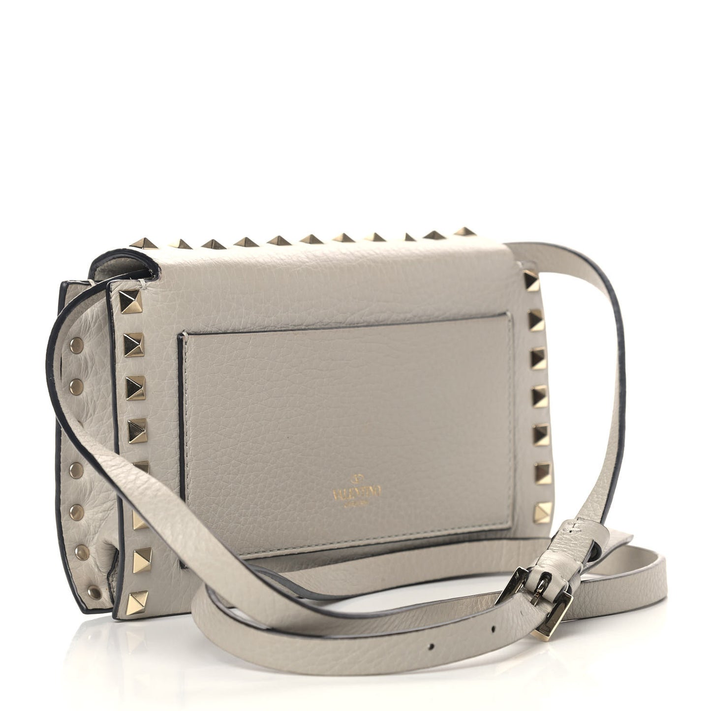 Pebbled Calfskin Small Rockstud Overlay Flap Shoulder Bag Opal Grey