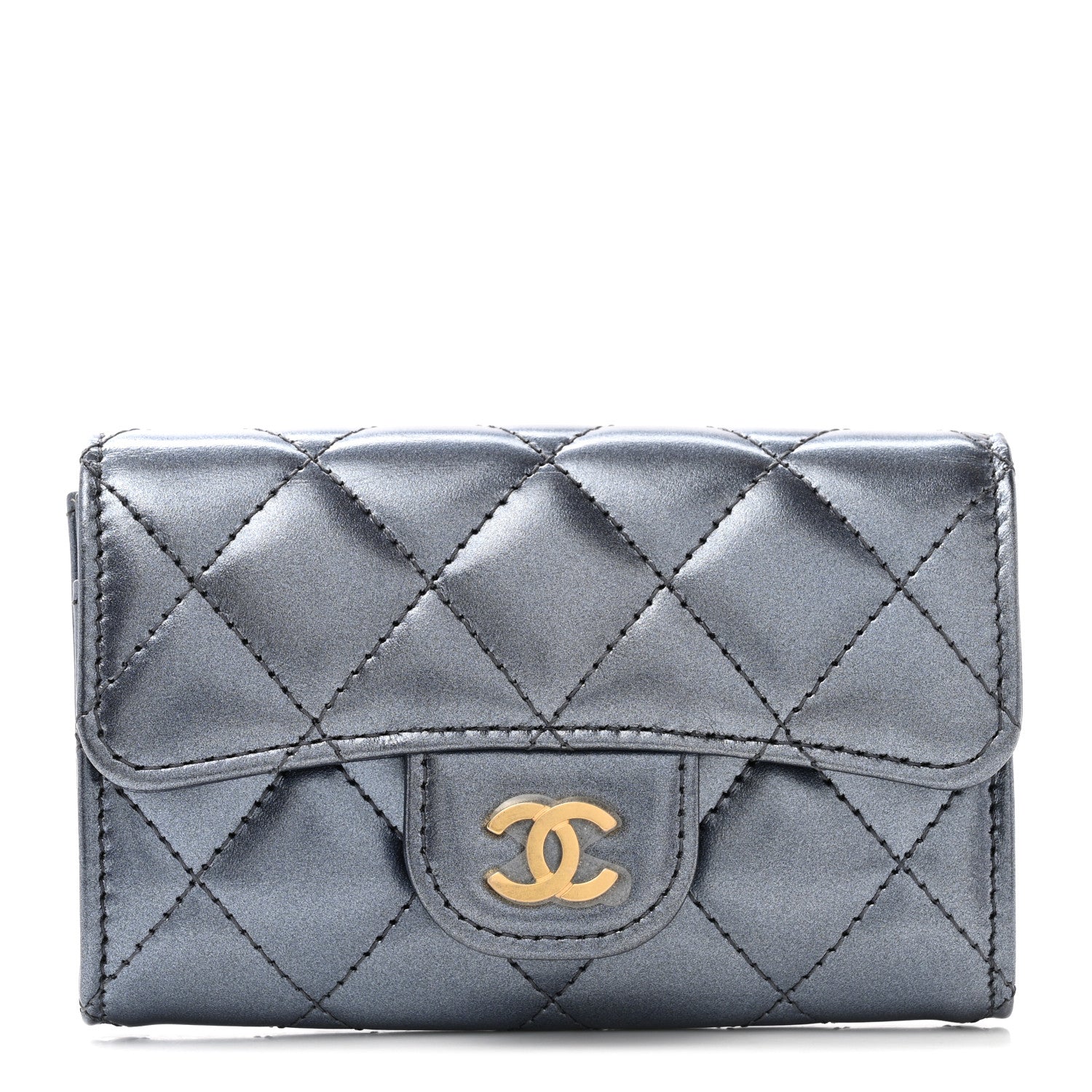 Chanel Metallic Lambskin Quilted Flap Card Holder Wallet Dark Blue 1 of 9