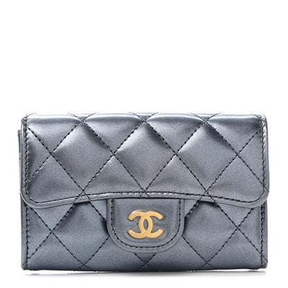 Chanel Metallic Lambskin Quilted Flap Card Holder Wallet Dark Blue 1 of 9