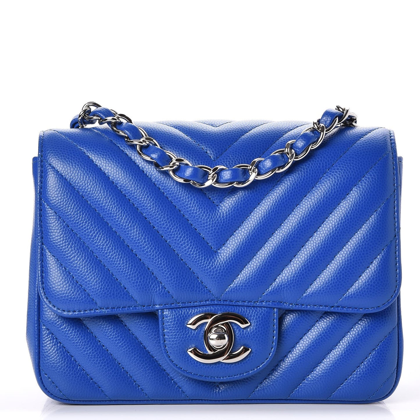 Caviar Chevron Quilted Mini Square Flap Blue