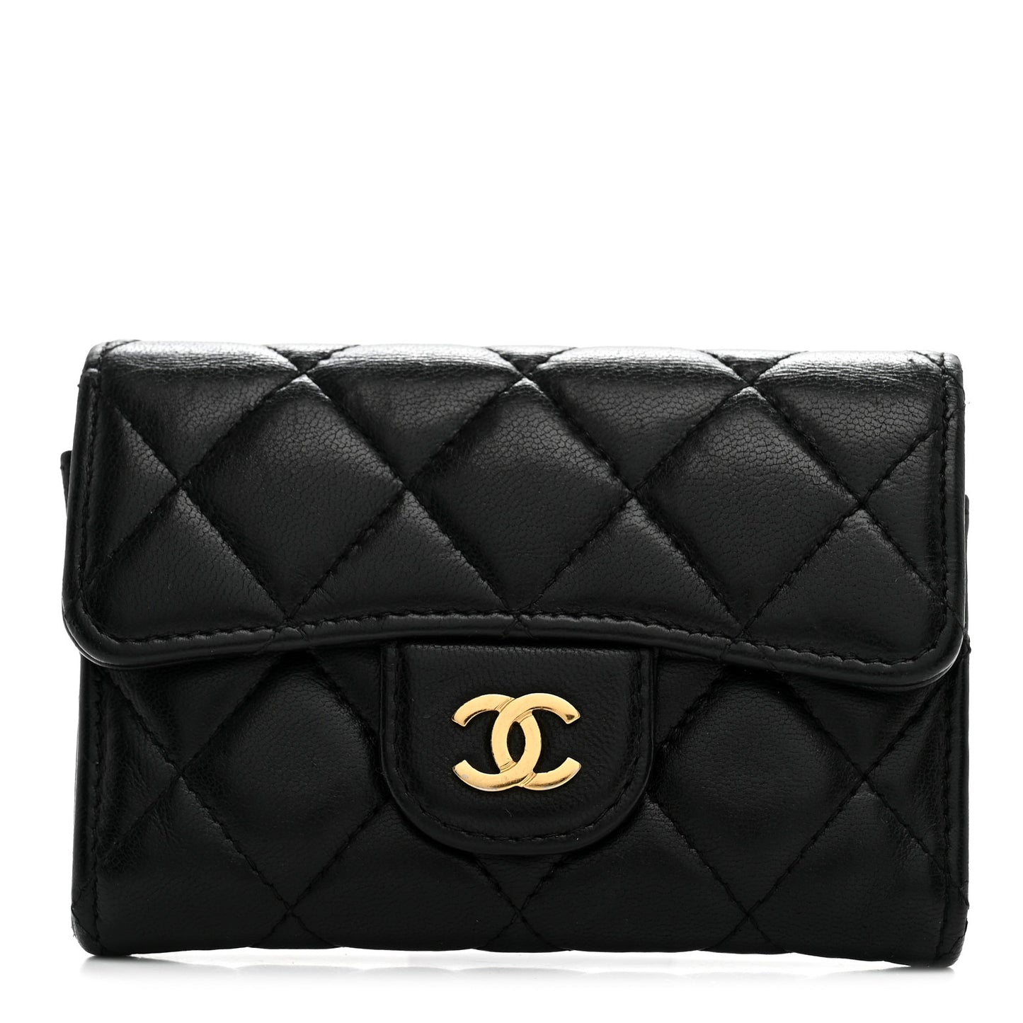 Lambskin Quilted Flap Card Holder Wallet Black