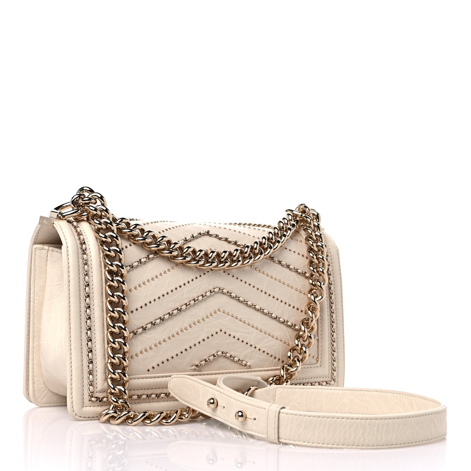 Chanel Crumpled Calfskin Chevron Medium Chain Boy Flap Ivory 3 of 13
