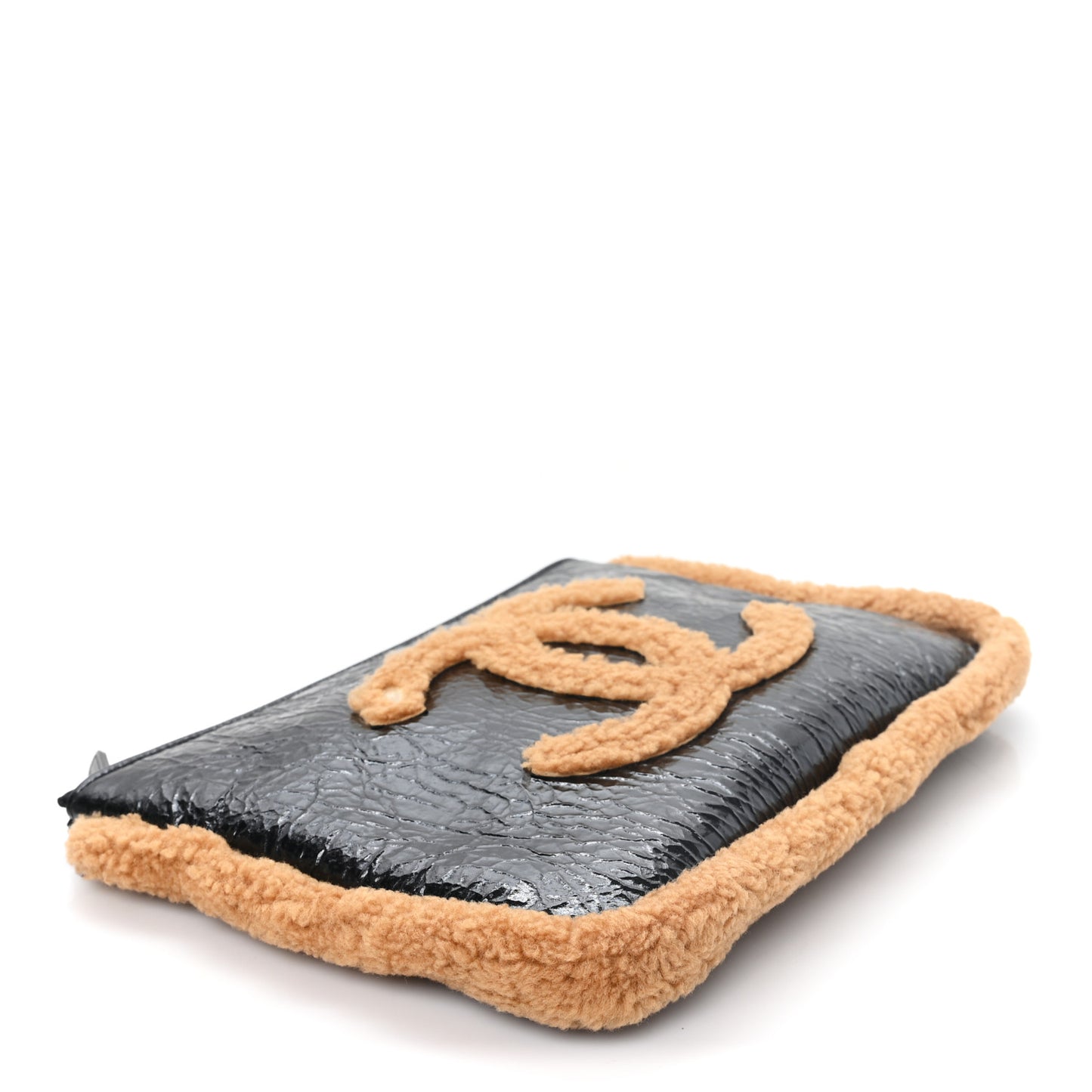 Shiny Crumpled Sheepskin Shearling CC Mania Zip Pouch Black Beige