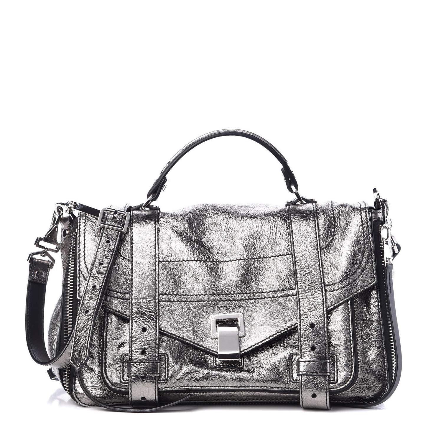 Metallic Paper Lambskin Medium PS1 Plus Zip Satchel Dark Silver