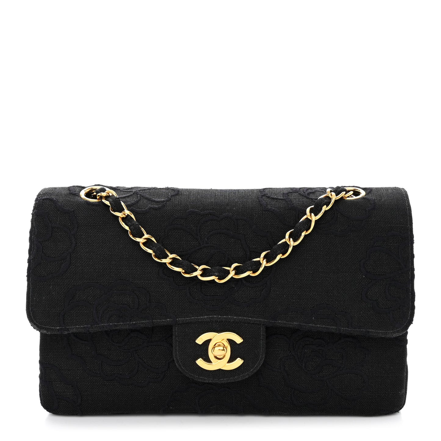 Canvas Camellia Embroidered Small Double Flap Black