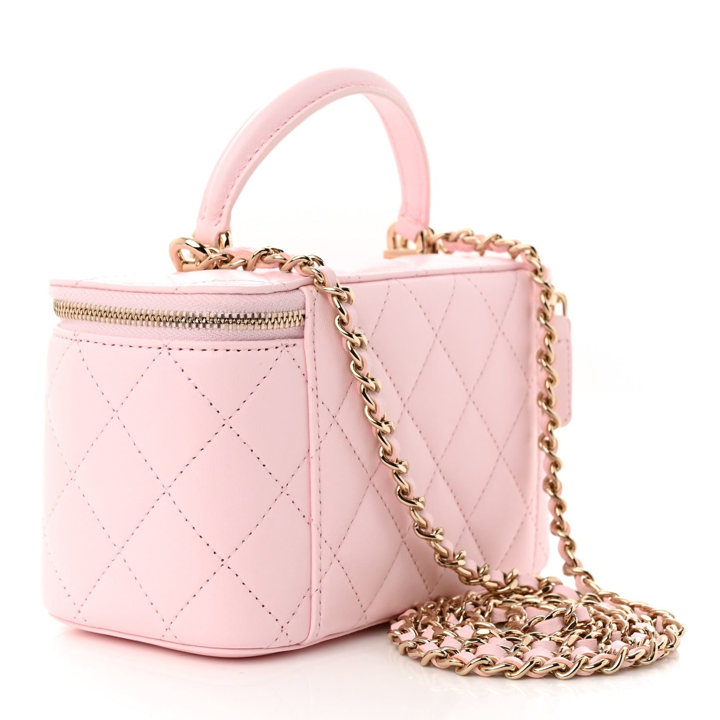 Lambskin Quilted Small Top Handle Vanity Case With Chain Light Pink