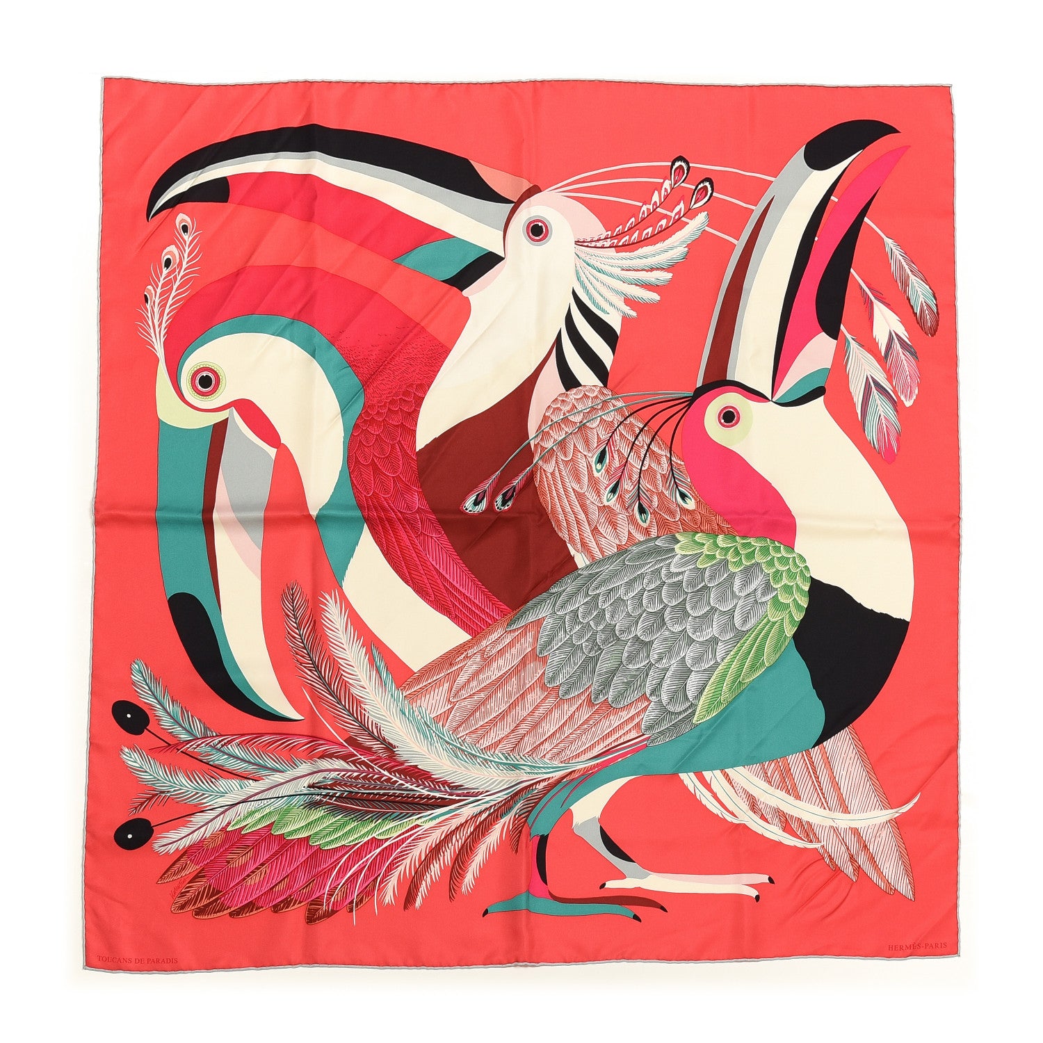 Hermes Silk Toucans De Paradis Scarf 90 Rose Vif Creme Vert 1 of 3