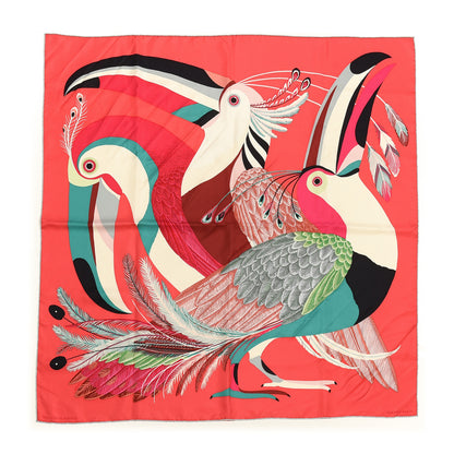 Hermes Silk Toucans De Paradis Scarf 90 Rose Vif Creme Vert 1 of 3