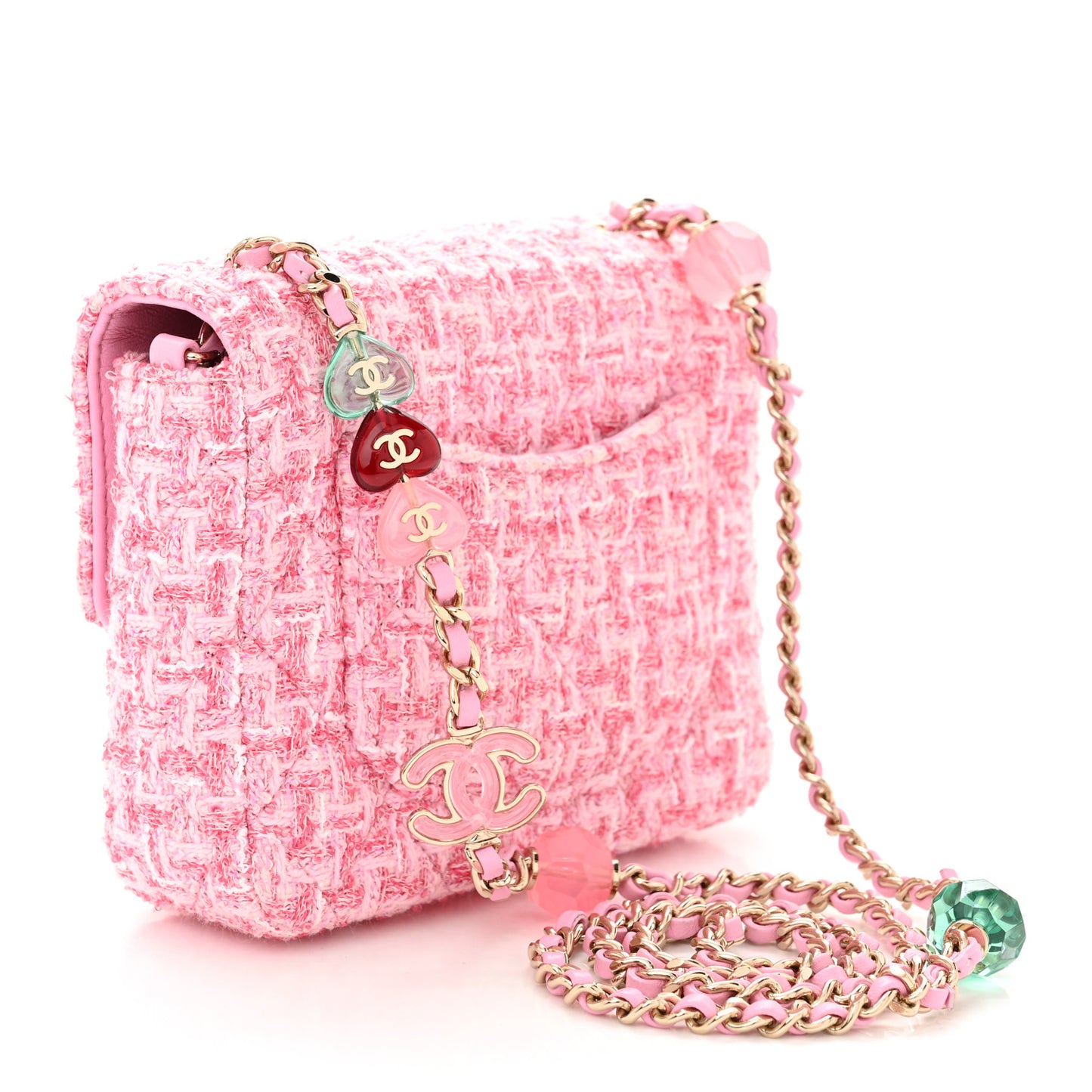 Tweed Resin Quilted Mini Heart Square Flap Pink White