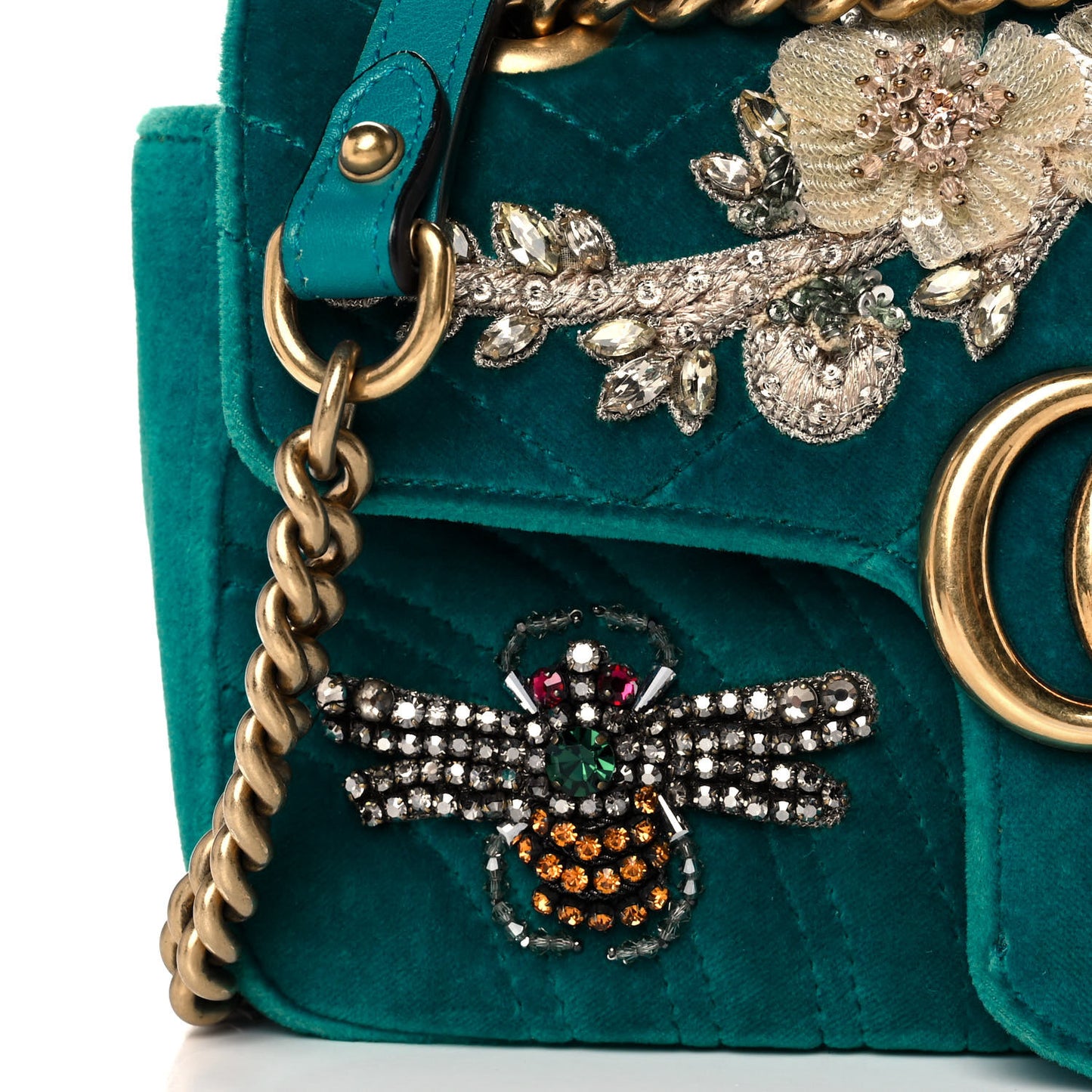 Velvet Matelasse Embroidered Mini GG Marmont Shoulder Bag Pavone Cyan
