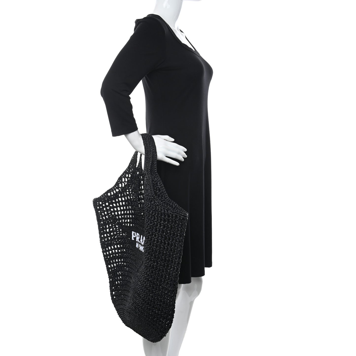 Yarn Raffia Effect Crochet Logo Embroidered Shopping Tote Bag Black