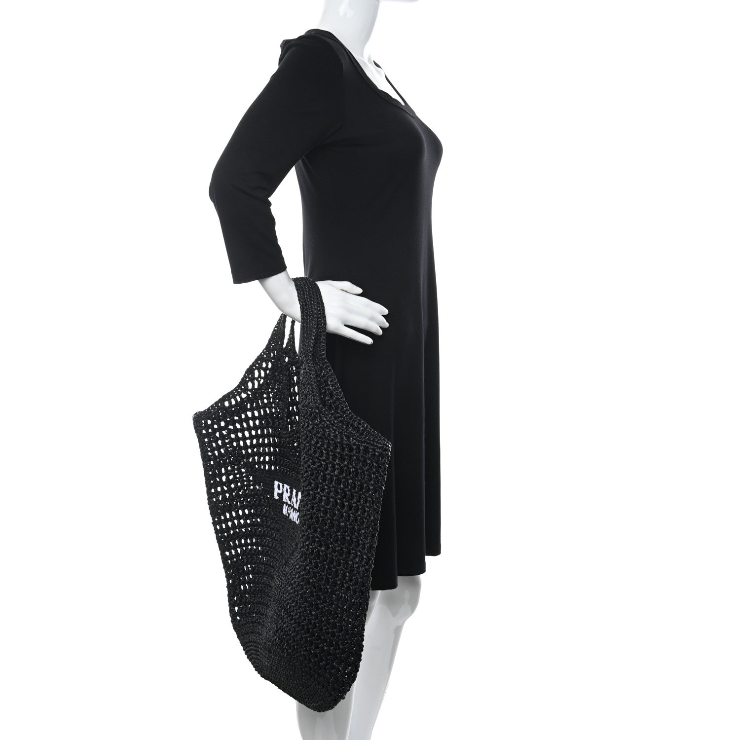Prada Yarn Raffia Effect Crochet Logo Embroidered Shopping Tote Bag Black 2 of 9