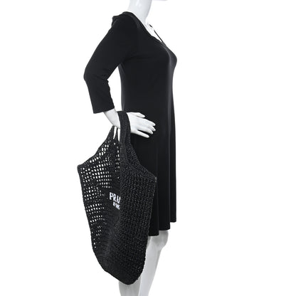 Prada Yarn Raffia Effect Crochet Logo Embroidered Shopping Tote Bag Black 2 of 9