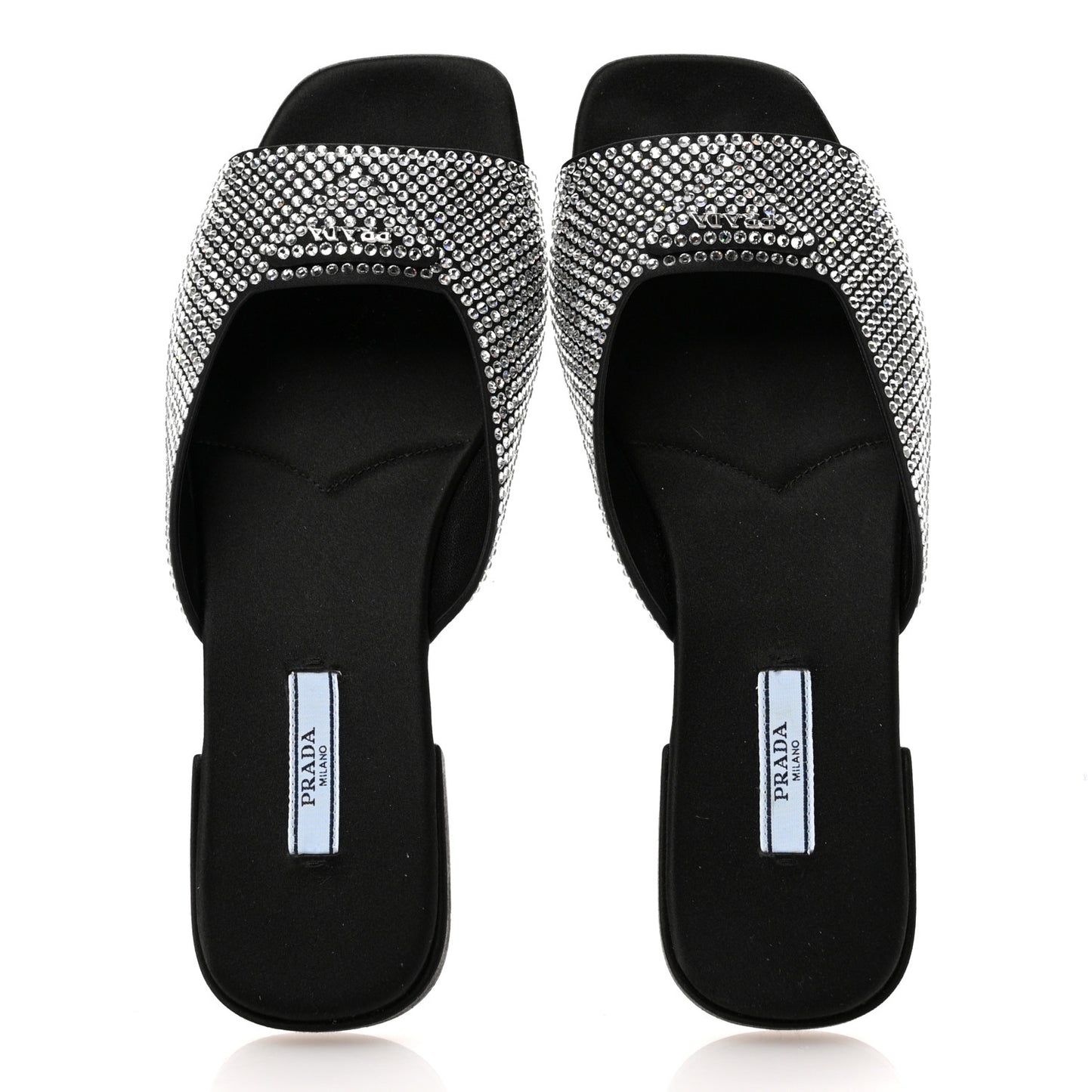 Satin Crystal Logo 10mm Slide Sandals 39 Black