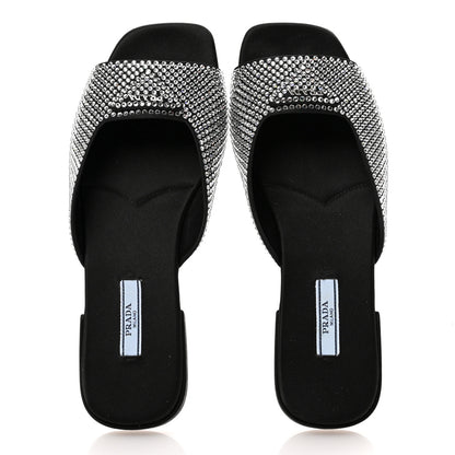 Prada Satin Crystal Logo 10mm Slide Sandals 39 Black 2 of 10