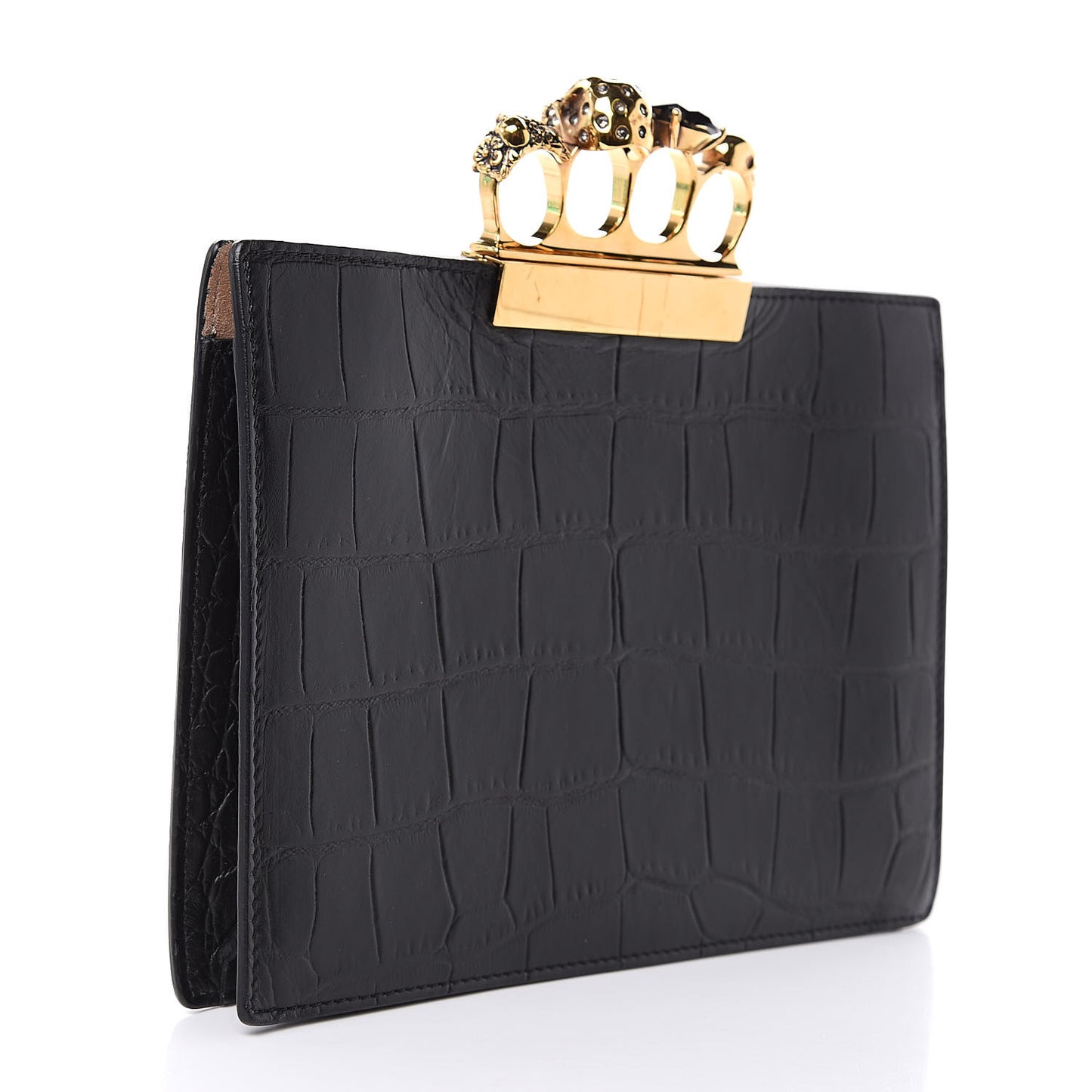Calfskin Crocodile Embossed Knuckle Flat Clutch Black Gold