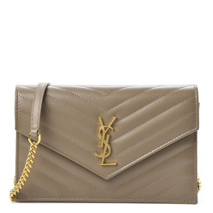 Saint Laurent Grain De Poudre Matelasse Chevron Monogram Envelope Chain Wallet Taupe 1 of 10