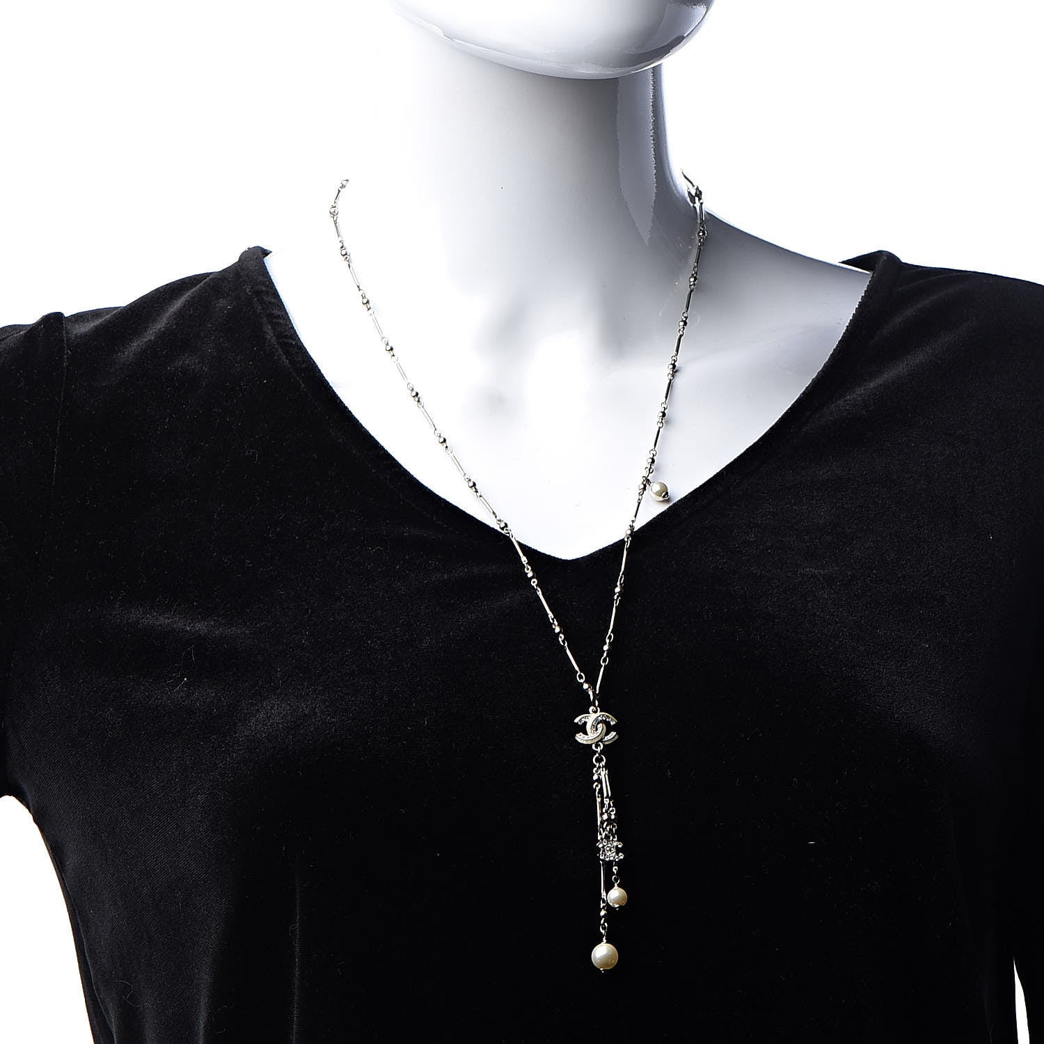 Chanel Crystal Pearl CC Beaded Long Necklace Silver 2 of 7
