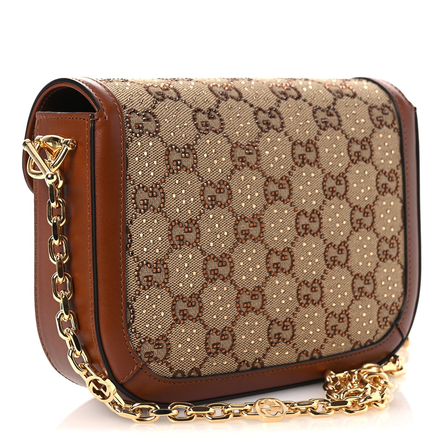 New Canvas Charisma Calfskin Crystal GG Monogram Mini Horsebit 1955 Shoulder Bag Camel Ebony