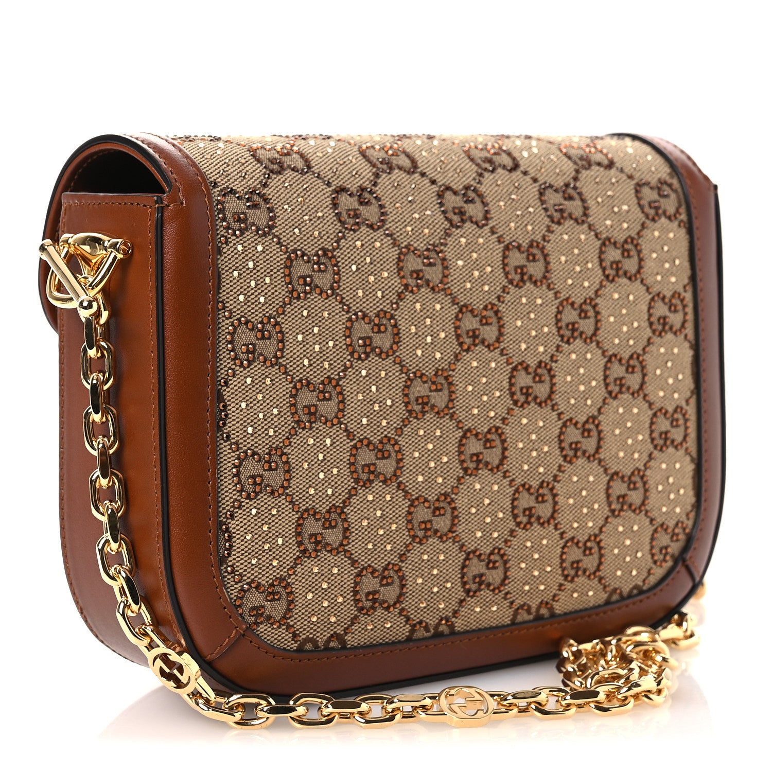 Gucci New Canvas Charisma Calfskin Crystal GG Monogram Mini Horsebit 1955 Shoulder Bag Camel Ebony 3 of 12