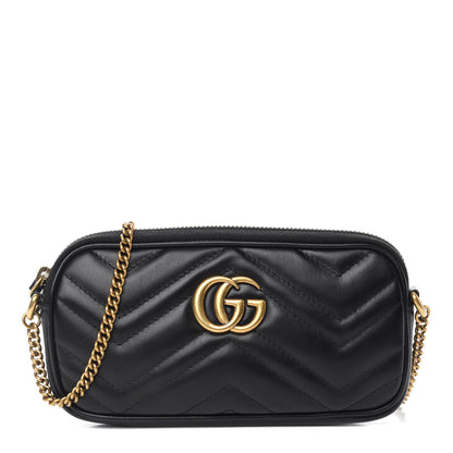 Gucci Calfskin Matelasse Mini GG Marmont Chain Crossbody Bag Black 1 of 13