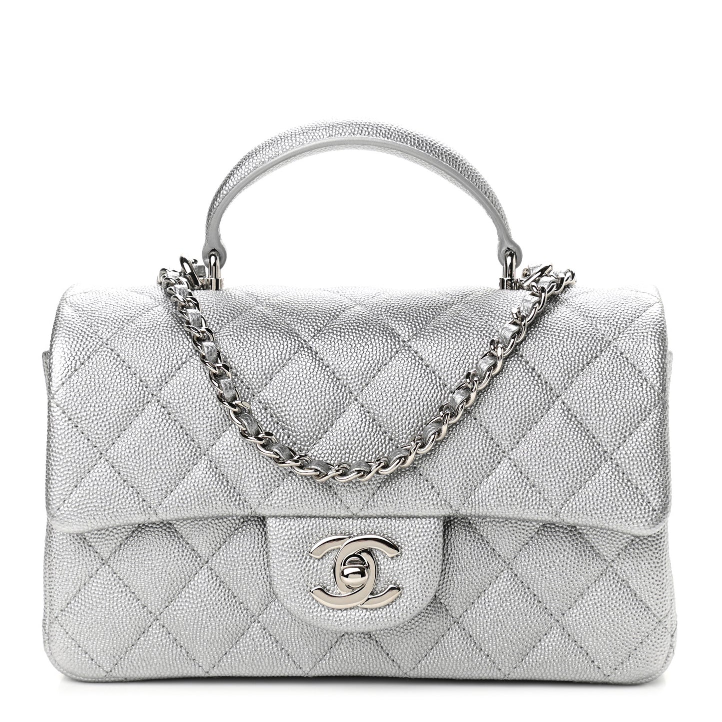 Metallic Caviar Quilted Mini Top Handle Rectangular Flap Silver